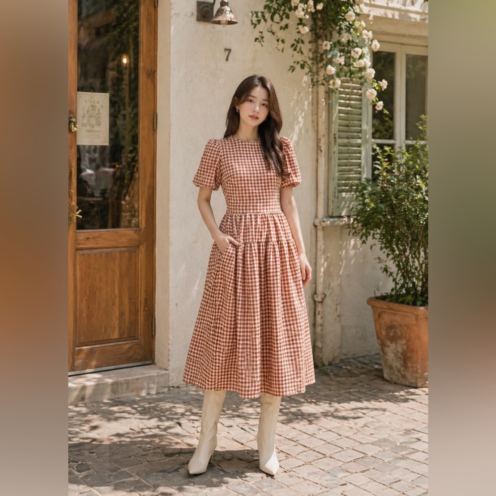 NWOT En Saison Juni Round Neck Bubble sleeve Midi Dress